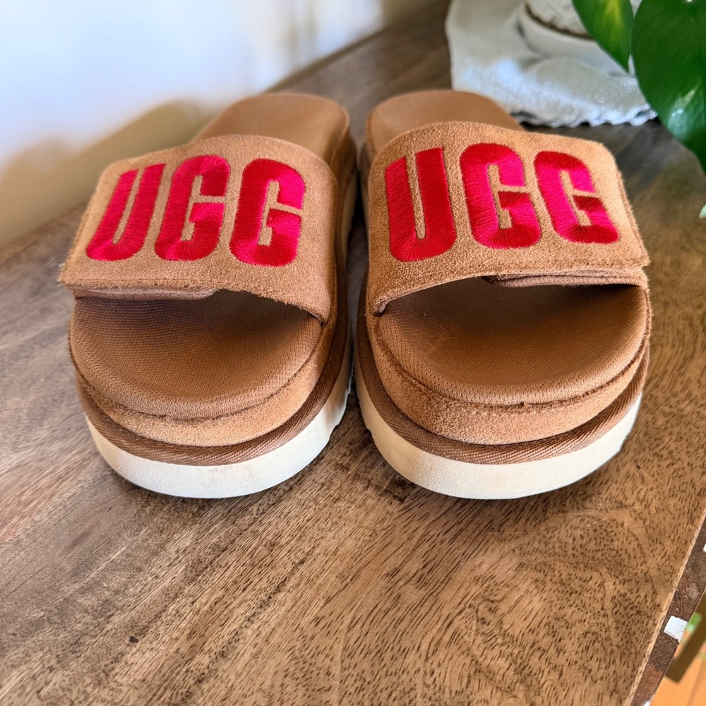 UGG Laton Slide Sandals Women 6 Chestnut Suede Puffy Logo Platform Comfort Shoes - Picture 5 of 11